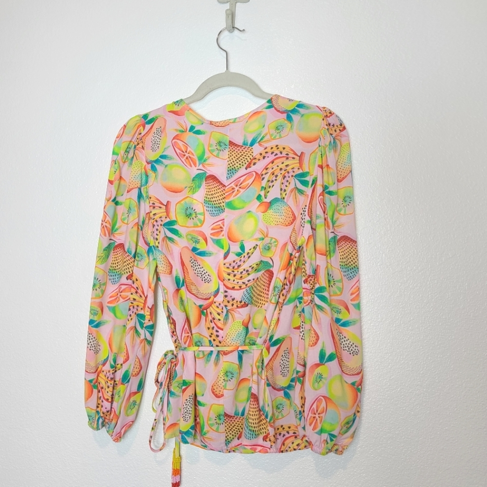 Anthropologie Farm Rio Rainbow Forest Fruits Print Wrap Blouse - Picture 11 of 13
